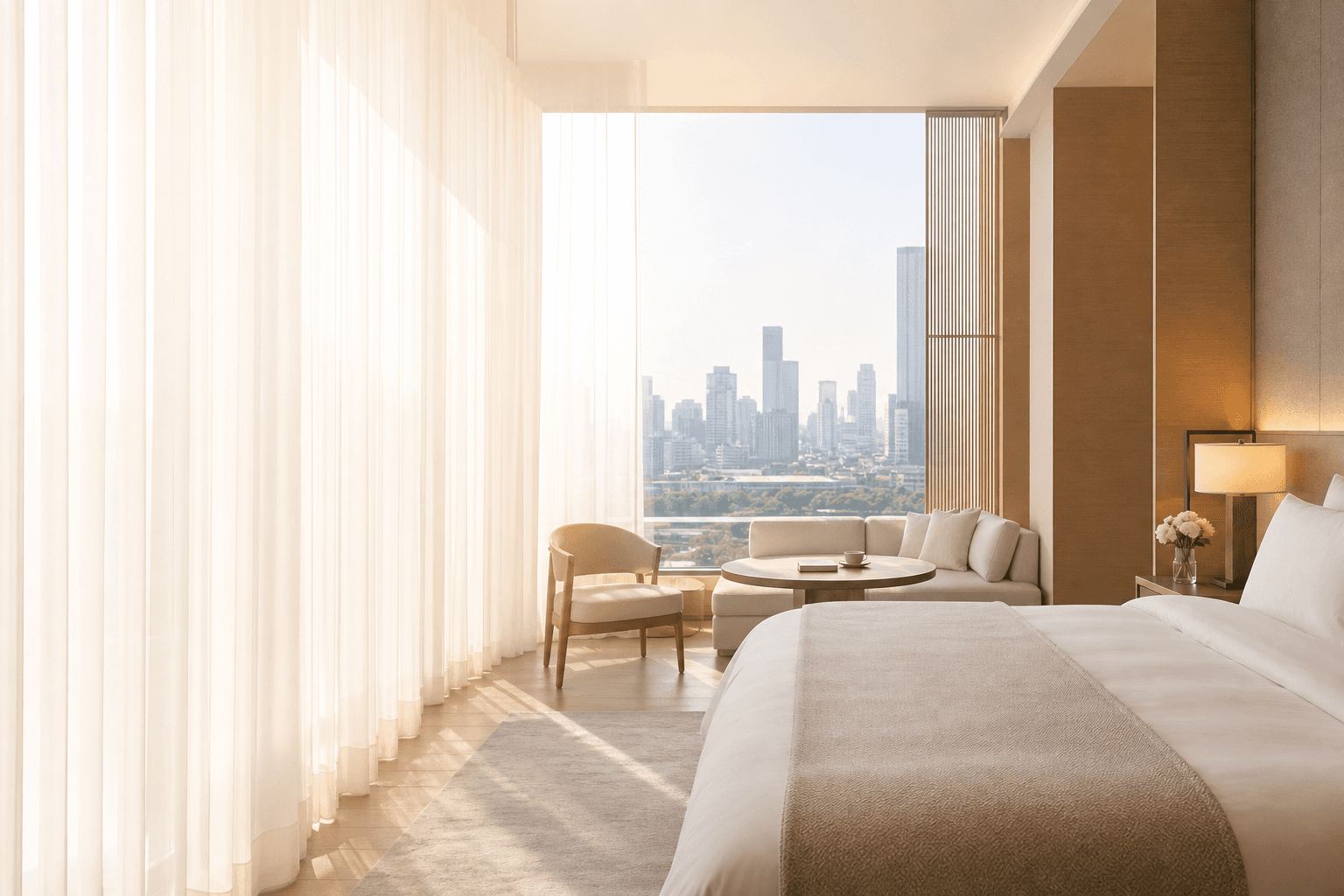 A quiet luxury hotel suite overlooking a city at dusk